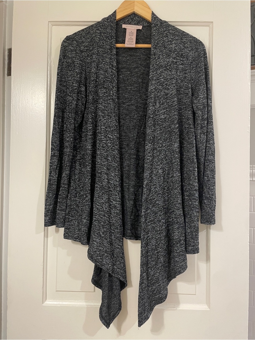 Philosophy Marled Gray Open Front Waterfall Drape Cardigan Sweater - Size Medium